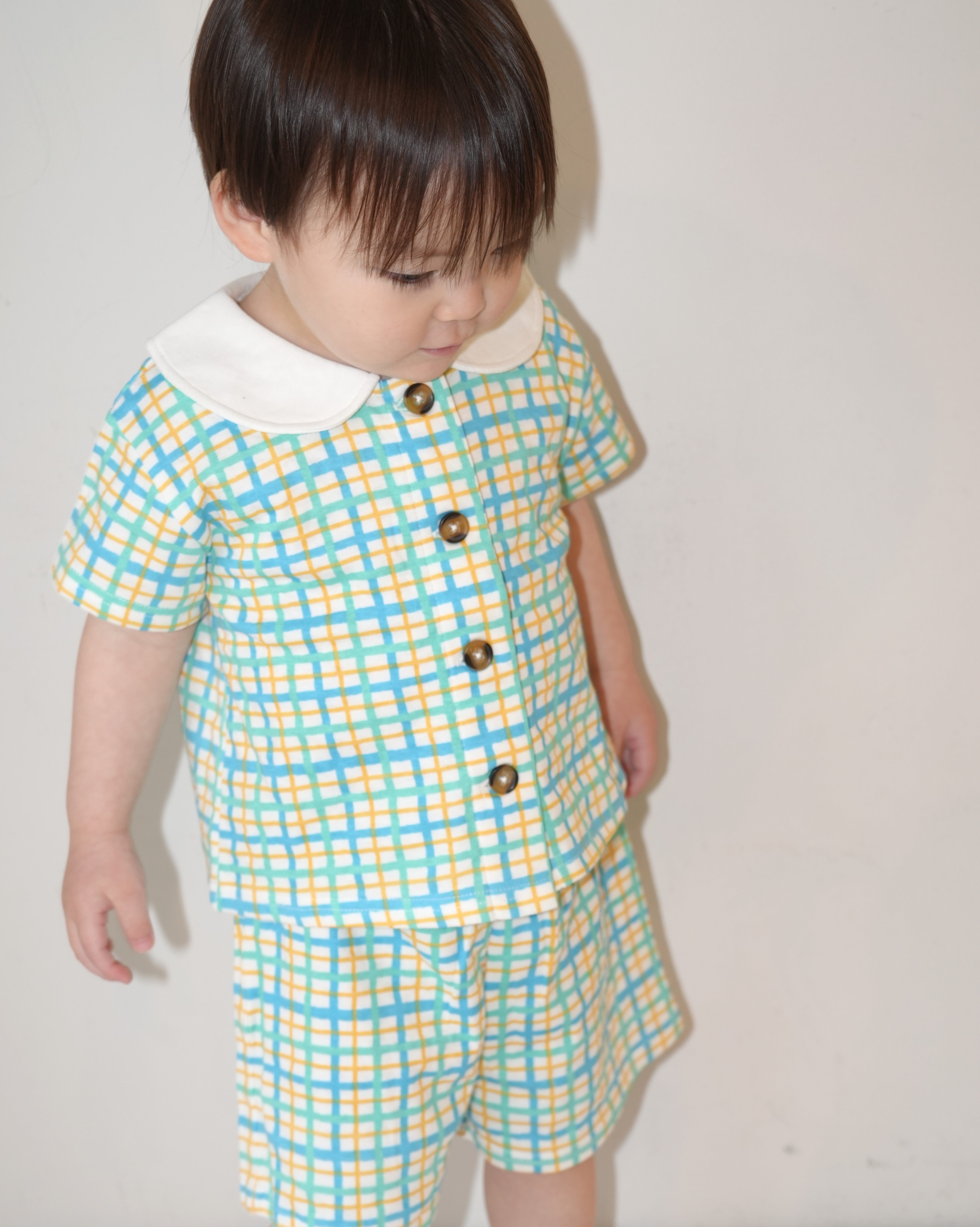 Hand Drawn Check Peter Pan Collar Set up【110231】 (Blue)