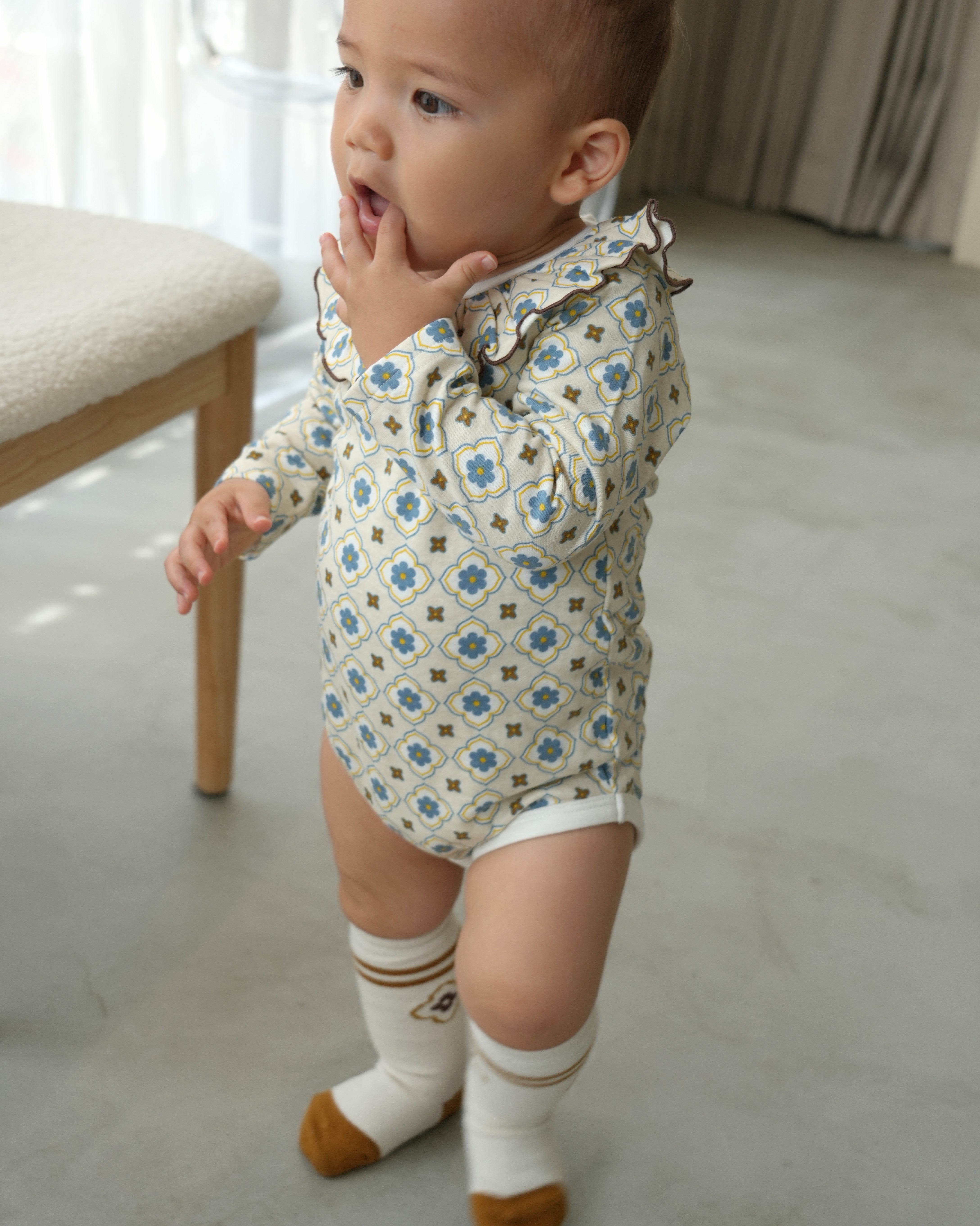 Vintage Tile Frill Ruffle Collar Romper【110335】 (blue)