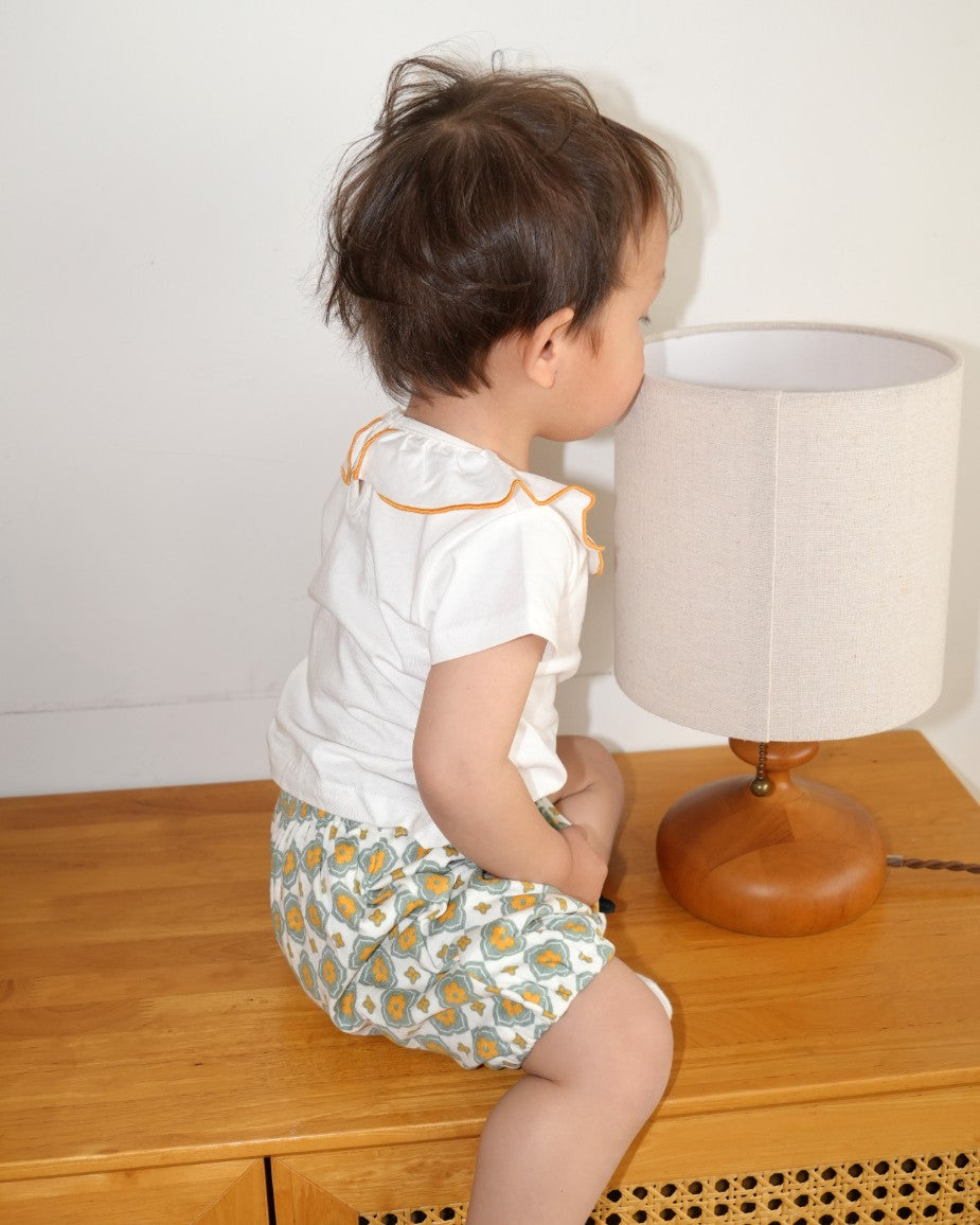 Vintage Tile Ruffle Collar T-Shirt Set【110223】 (Mustard)