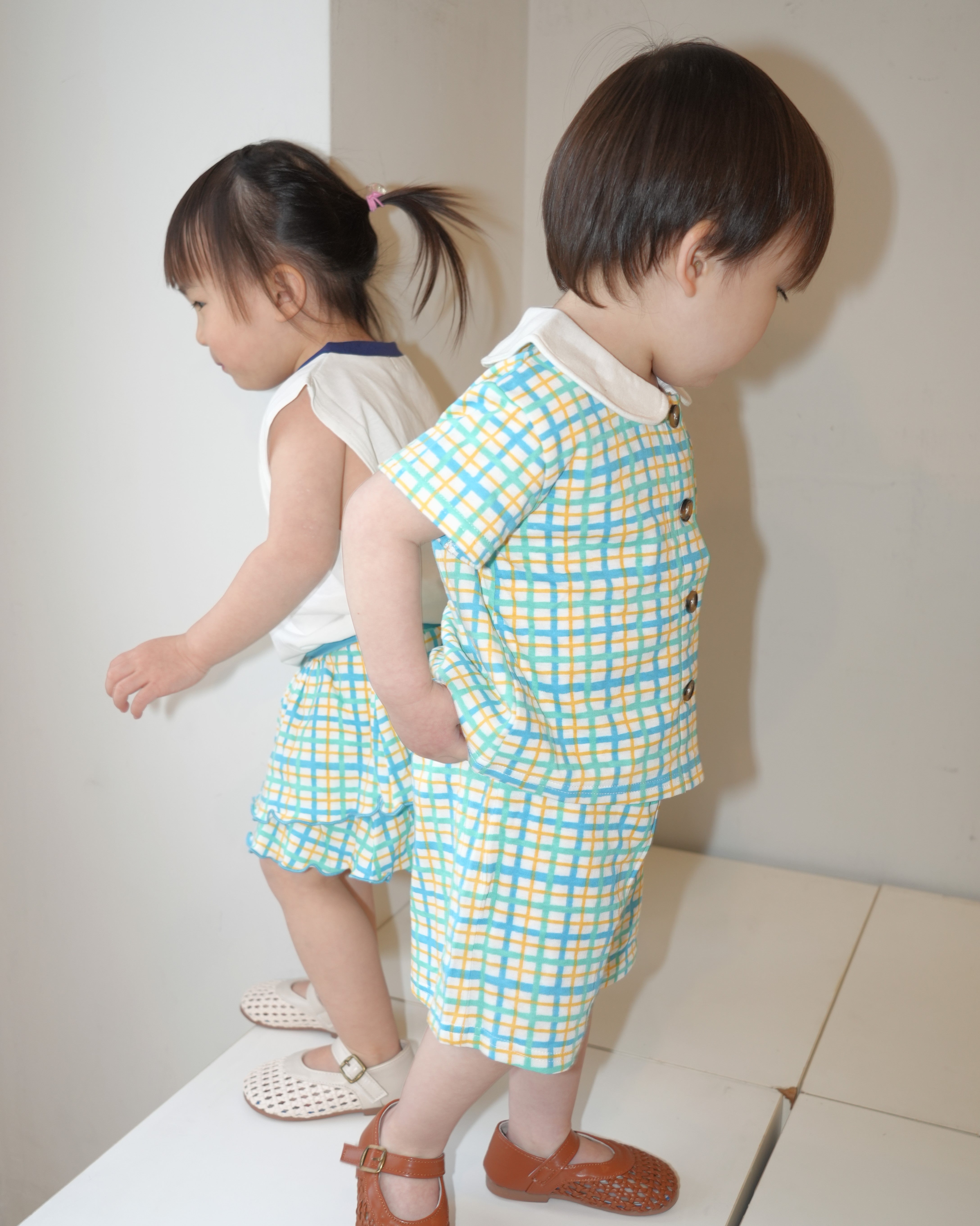 Hand Drawn Check Peter Pan Collar Set up【110231】 (Blue)