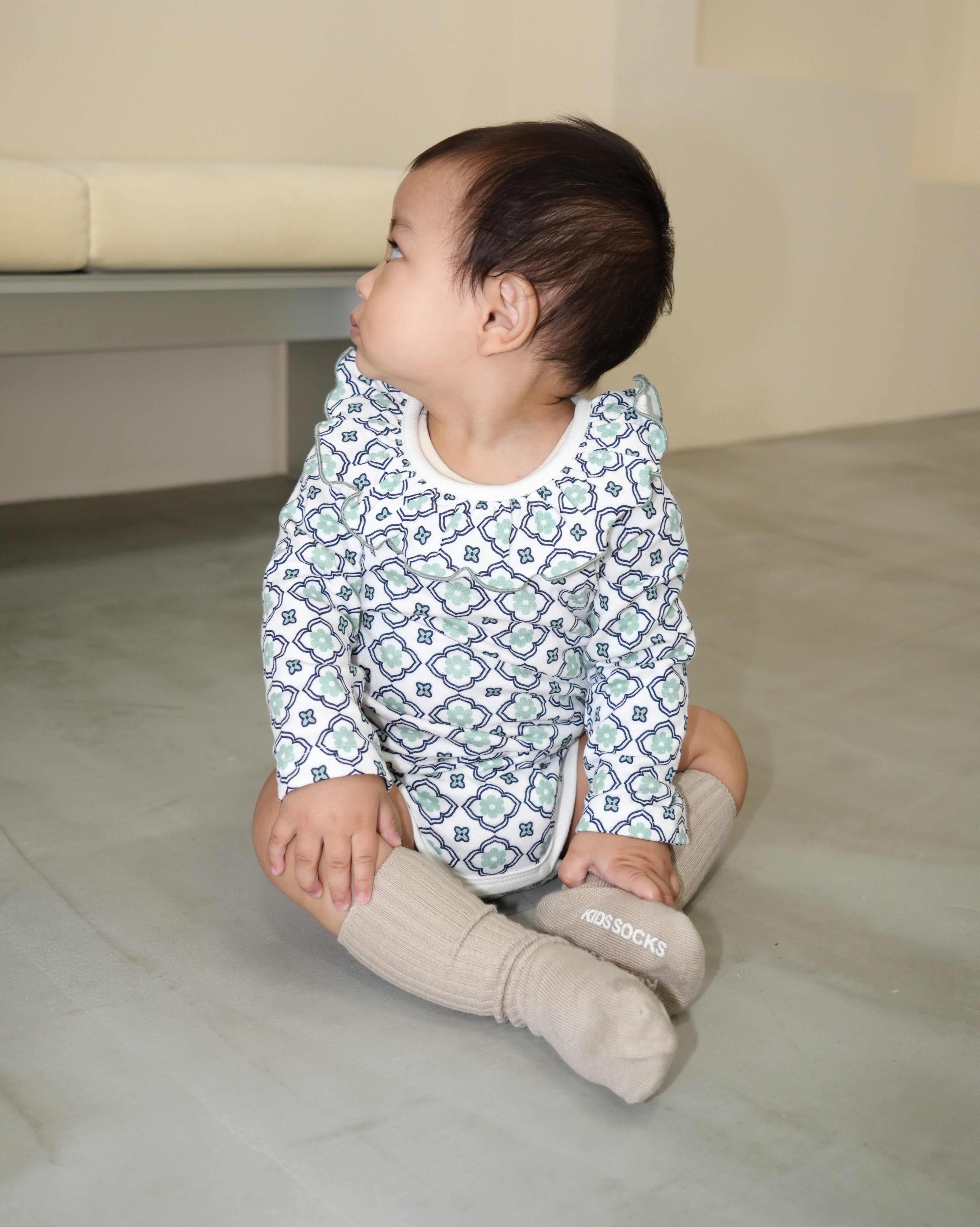 Vintage Tile Frill Ruffle Collar Romper【110335】 (green)