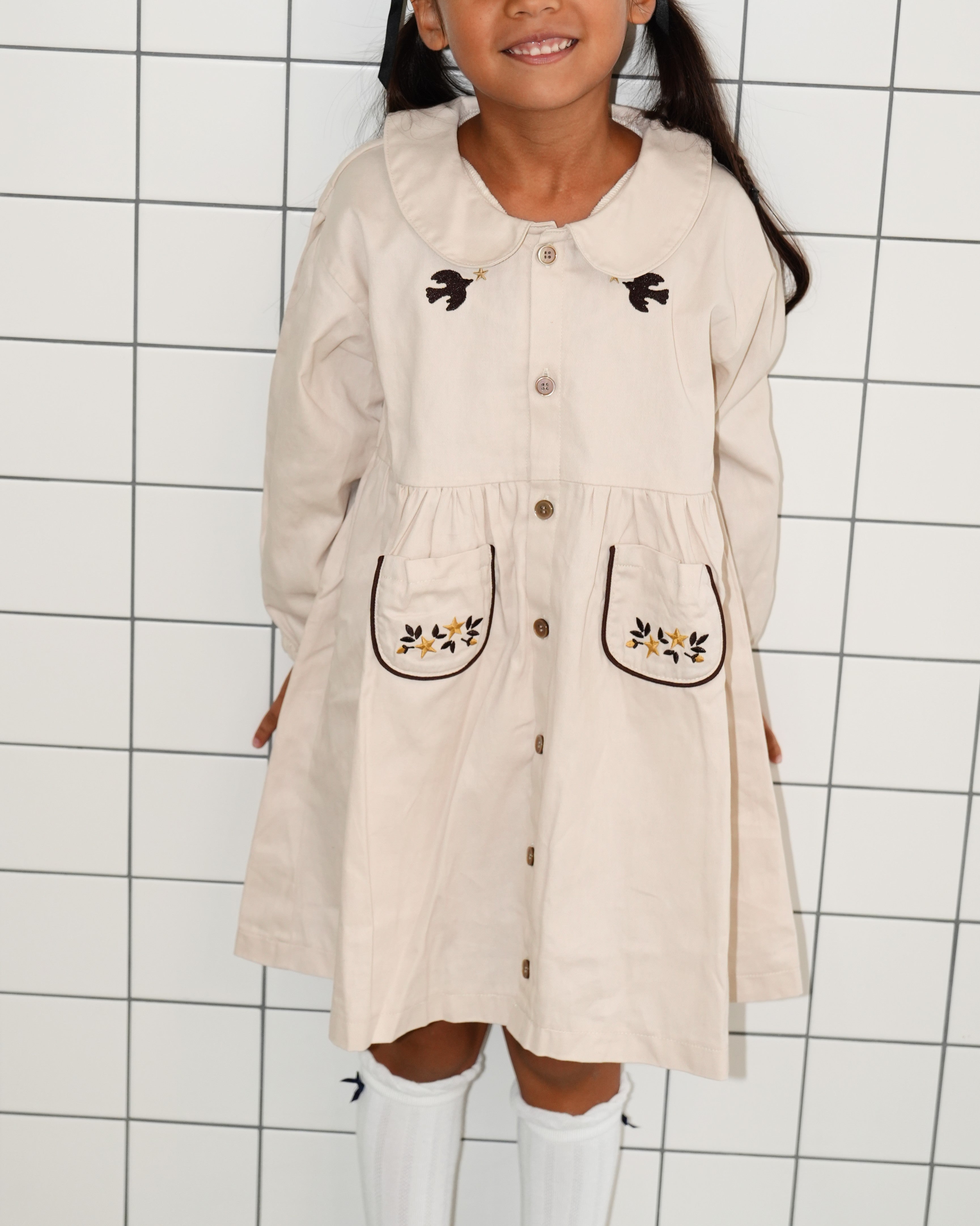 Embroidered Cotton Twill Peter Pan Collar Dress【110416】 (ivory)