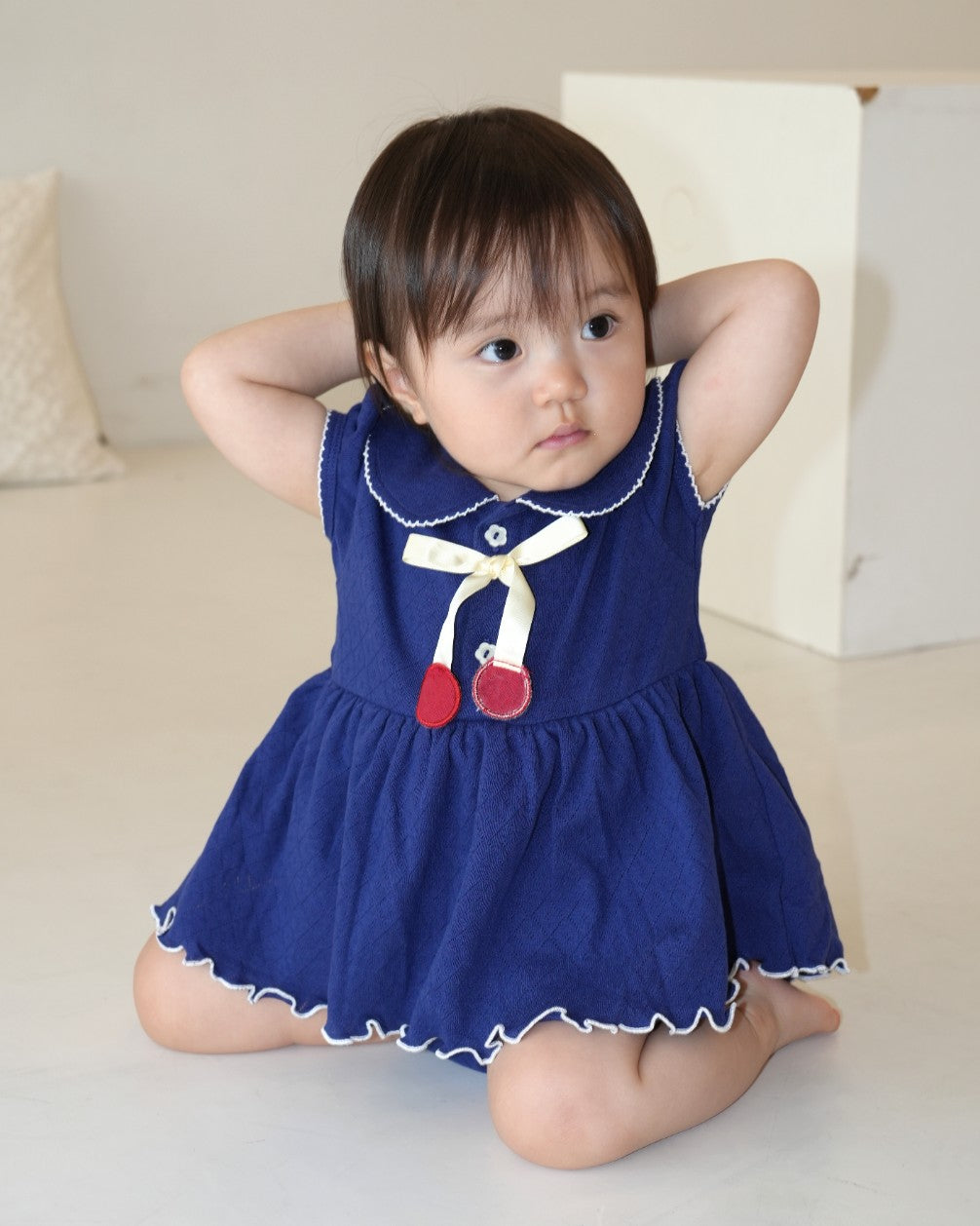 Cherry Motif Eyelet Rib Skirt Rompers【110241】 (Navy)