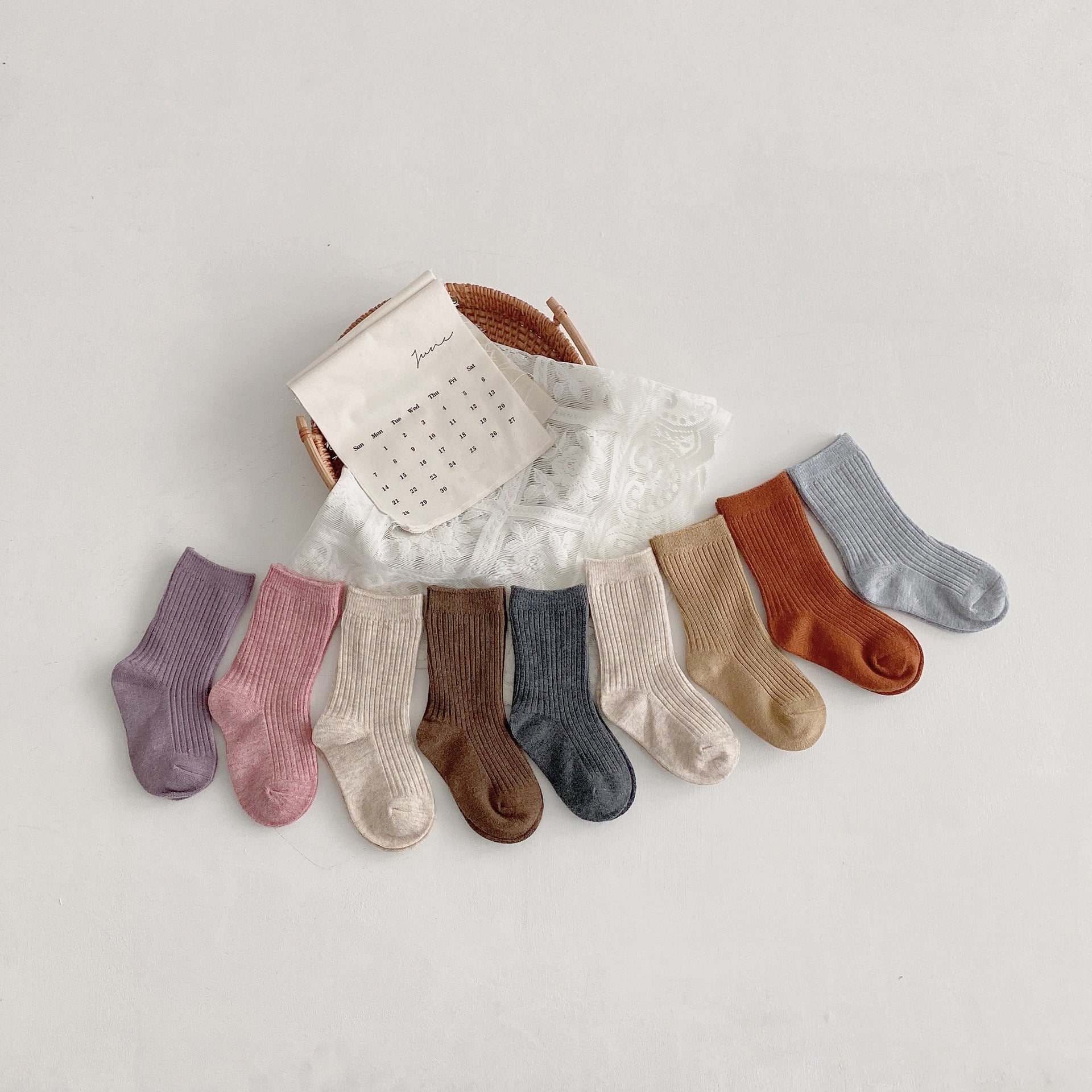 Dull color ribbed socks (3 pair set) [N2335]